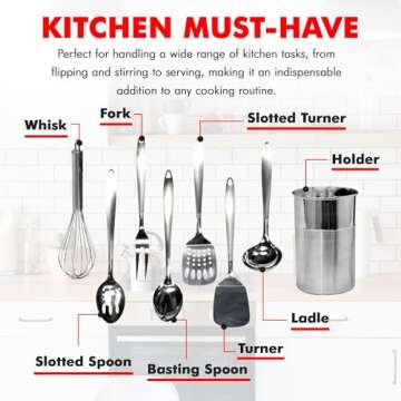 Chef Craft - Stainless Steel Kitchen Utensils, Durable Kitchen Cooking Utensils, Stainless Steel Utensils, 8-Piece Kitchen Utensils Set with Utensil Holder, Dishwasher-Safe Cooking Utensils Set