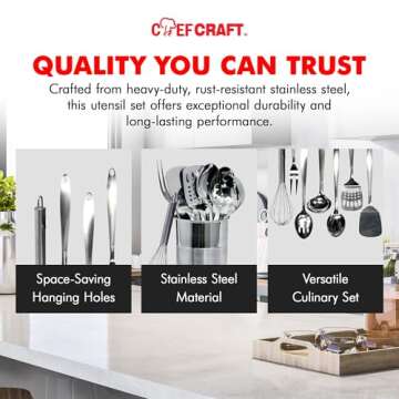 Chef Craft - Stainless Steel Kitchen Utensils, Durable Kitchen Cooking Utensils, Stainless Steel Utensils, 8-Piece Kitchen Utensils Set with Utensil Holder, Dishwasher-Safe Cooking Utensils Set