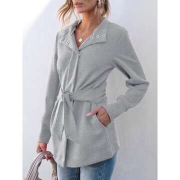 ANRABESS Womens Jacket Belted Casual Long Sleeve Wrap Trench Coat 2024 Winter Trendy Button Up Dressy Outerwear with Pockets Light Grey Small