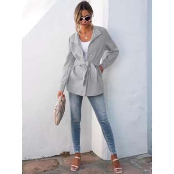 ANRABESS Womens Jacket Belted Casual Long Sleeve Wrap Trench Coat 2024 Winter Trendy Button Up Dressy Outerwear with Pockets Light Grey Small