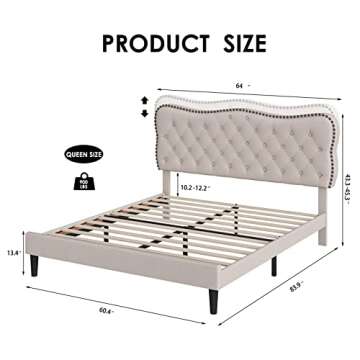 HOSTACK Queen Size Bed Frame - Linen Upholstered Platform Bed with Adjustable Headboard