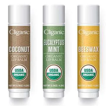 Cliganic USDA Organic Lip Balm Set - 3 Flavors - 100% Natural Moisturizer for Cracked & Dry Lips