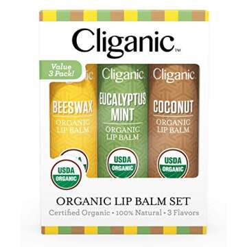 Cliganic USDA Organic Lip Balm Set - 3 Flavors - 100% Natural Moisturizer for Cracked & Dry Lips
