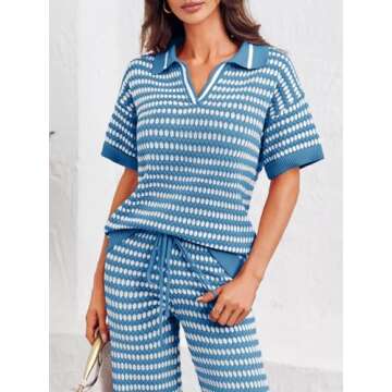 Imily Bela Womens 2 Piece Outfits Striped Short Sleeve Sweater Tops Knit Sets Wide Leg Pants Lounge Set