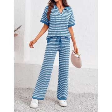 Imily Bela Womens 2 Piece Outfits Striped Short Sleeve Sweater Tops Knit Sets Wide Leg Pants Lounge Set