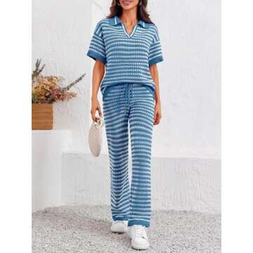 Imily Bela Womens 2 Piece Outfits Striped Short Sleeve Sweater Tops Knit Sets Wide Leg Pants Lounge Set