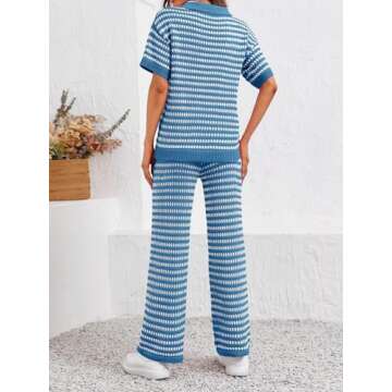 Imily Bela Womens 2 Piece Outfits Striped Short Sleeve Sweater Tops Knit Sets Wide Leg Pants Lounge Set