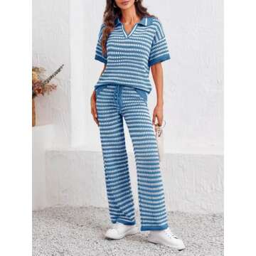 Imily Bela Womens 2 Piece Outfits Striped Short Sleeve Sweater Tops Knit Sets Wide Leg Pants Lounge Set