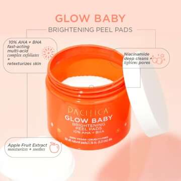 Pacifica Beauty Glow Baby Brightening Peel Pads 10% AHA + BHA, Skincare, Exfoliating, Skin Texture, Minimize Pores, For All Skin Types, Fragrance Free, Clean Skin Care, Vegan - 60 Pads (1 Count)