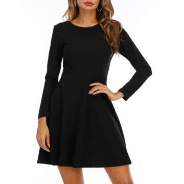 Jusfitsu Womens Long Sleeve Dress Casual Simple Dresses A-Line Midi Length Skirt Slim Fit Skater Dre...