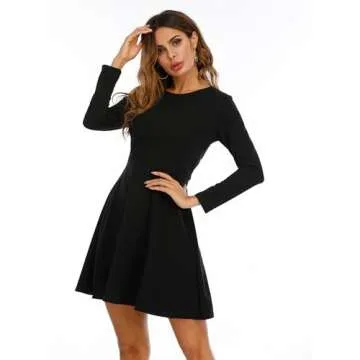 Jusfitsu Womens Long Sleeve Dress Casual Simple Dresses A-Line Midi Length Skirt Slim Fit Skater Dress Black M