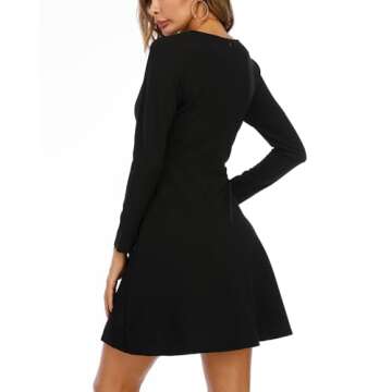 Jusfitsu Womens Long Sleeve Dress Casual Simple Dresses A-Line Midi Length Skirt Slim Fit Skater Dress Black M