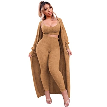 yidengymx Womens Fuzzy 3 Piece Sweatsuit Fleece Open Front Cardigan Crop Tank Tops & Bodycon Long Pa...