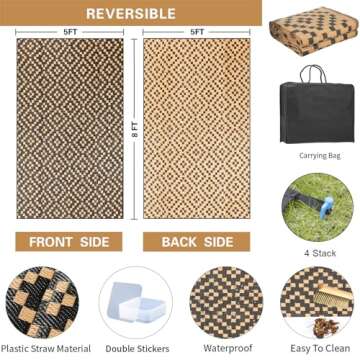 Reversible Outdoor Rugs for Patio Clearance 5x8Ft Waterproof Large Plastic Straw Area Rug Non-Slip P...
