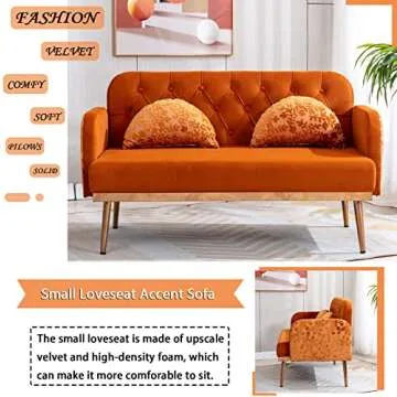 55-inch Small Velvet Couch with Elegant Moon Shape Pillows, Twin Size Loveseat Accent Sofa with Golden Metal Legs, Living Room Sofa with Tufted Backrest, 600 Pounds Weight Capacity, Orange