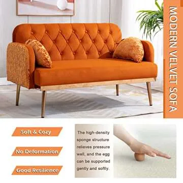 55-inch Small Velvet Couch with Elegant Moon Shape Pillows, Twin Size Loveseat Accent Sofa with Golden Metal Legs, Living Room Sofa with Tufted Backrest, 600 Pounds Weight Capacity, Orange
