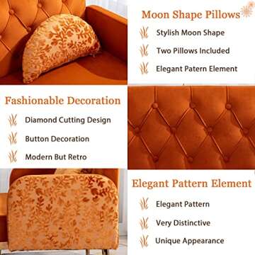 55-inch Small Velvet Couch with Elegant Moon Shape Pillows, Twin Size Loveseat Accent Sofa with Golden Metal Legs, Living Room Sofa with Tufted Backrest, 600 Pounds Weight Capacity, Orange