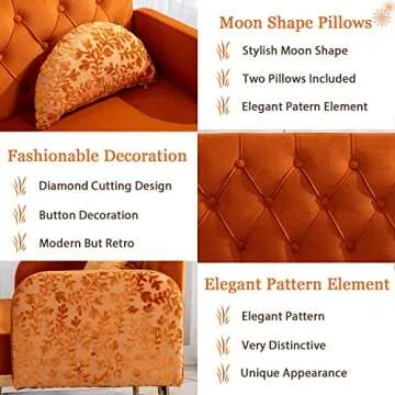 55-inch Small Velvet Couch with Elegant Moon Shape Pillows, Twin Size Loveseat Accent Sofa with Golden Metal Legs, Living Room Sofa with Tufted Backrest, 600 Pounds Weight Capacity, Orange
