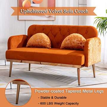 55-inch Small Velvet Couch with Elegant Moon Shape Pillows, Twin Size Loveseat Accent Sofa with Golden Metal Legs, Living Room Sofa with Tufted Backrest, 600 Pounds Weight Capacity, Orange
