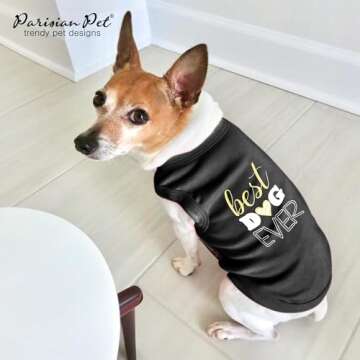 Parisian Pet Dog Tshirt - Embroidered “ Best Dog Ever “ Dog Shirt - Pure Cotton and Lightweight Dog Clothes - Sleeveless Black Dog Tee Shirts - Machine Washable Dog Shirts for Small Dogs - XS