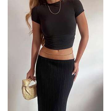 Meladyan Women High Waist Knit Long Maxi Skirt Stretchy Solid Slim Midi Skirts Strapless Bodycon Beach Dress Cover Up Black