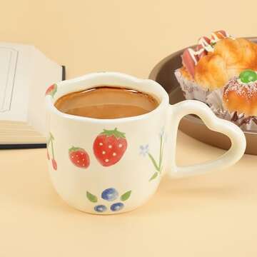 Koythin Ceramic Coffee Mug, Novetly Printed Flower Cup with Heart Shaped Handle for Office and Home, 8.5 oz/250 ml for Latte Tea Milk (Strawberrys and Blue Flowers)