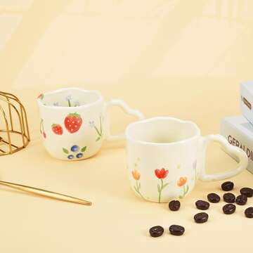 Koythin Ceramic Coffee Mug, Novetly Printed Flower Cup with Heart Shaped Handle for Office and Home, 8.5 oz/250 ml for Latte Tea Milk (Strawberrys and Blue Flowers)