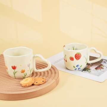 Koythin Ceramic Coffee Mug, Novetly Printed Flower Cup with Heart Shaped Handle for Office and Home, 8.5 oz/250 ml for Latte Tea Milk (Strawberrys and Blue Flowers)