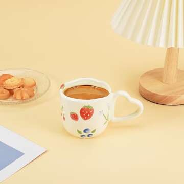 Koythin Ceramic Coffee Mug, Novetly Printed Flower Cup with Heart Shaped Handle for Office and Home, 8.5 oz/250 ml for Latte Tea Milk (Strawberrys and Blue Flowers)