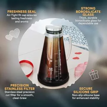 OVALWARE Airtight Cold Brew Iced Coffee Maker Pitcher (& Iced Tea Maker) with Spout – 1.5L/ 51oz Ovalware RJ3 Brewing Glass Carafe with Removable Stainless Steel Filter