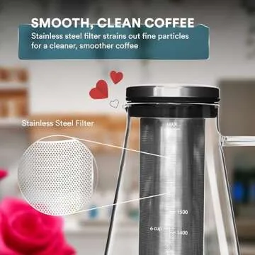 OVALWARE Airtight Cold Brew Iced Coffee Maker Pitcher (& Iced Tea Maker) with Spout – 1.5L/ 51oz Ovalware RJ3 Brewing Glass Carafe with Removable Stainless Steel Filter