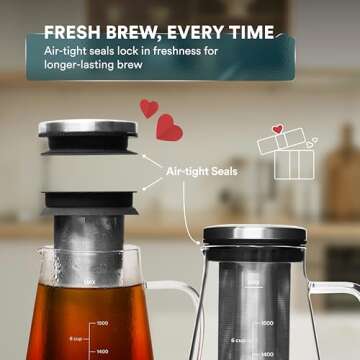 OVALWARE Airtight Cold Brew Iced Coffee Maker Pitcher (& Iced Tea Maker) with Spout – 1.5L/ 51oz Ovalware RJ3 Brewing Glass Carafe with Removable Stainless Steel Filter