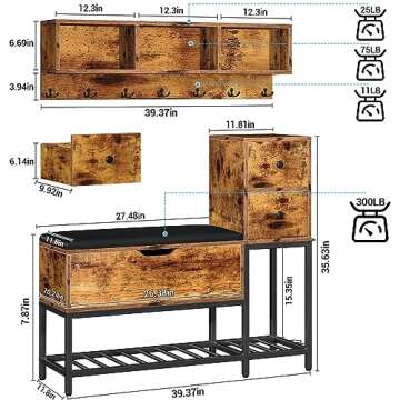 yacchi home 39/'' Coat Rack Shoe Bench Set with Flip Top Box and 2 Drawers,Yacchi Home Entryway Storage,7 in 1 Rack, Storage 7 Hooks& Umbrella -Rustic Wood, B1 (YCH000078)