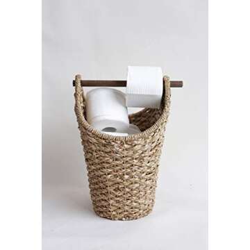 Creative Co-Op Bankuan Braided Oval Toilet Paper Basket with Wood Bar