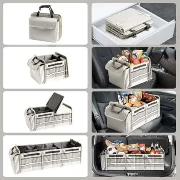 Car Trunk Organizer with Insulated Leakproof Cooler Bag, 4 in 1 Waterproof Portable Car Storage Organizer with Collapsible Cover, 3 Large Compartments, Trunk Organizer for SUV, Car, Truck (Beige)