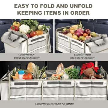 Car Trunk Organizer with Insulated Leakproof Cooler Bag, 4 in 1 Waterproof Portable Car Storage Organizer with Collapsible Cover, 3 Large Compartments, Trunk Organizer for SUV, Car, Truck (Beige)