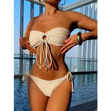 ZAFUL Women's Bandeau Bikini Set Tie Side Swimwear O Ring Cinched Strapless Swimsuit Halter Two Piec...