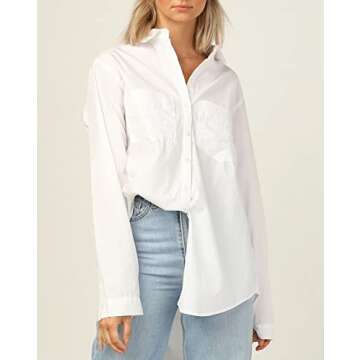 SAFRISIOR Women’s Striped Button Down Shirt Oversized Long Sleeve V Neck Collar Roll Up Blouse Top with Pockets White