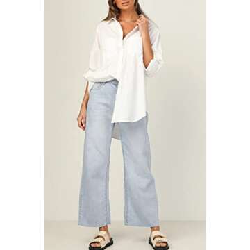 SAFRISIOR Women’s Striped Button Down Shirt Oversized Long Sleeve V Neck Collar Roll Up Blouse Top with Pockets White