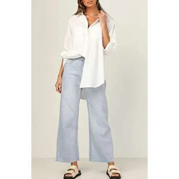 SAFRISIOR Women’s Striped Button Down Shirt Oversized Long Sleeve V Neck Collar Roll Up Blouse Top with Pockets White