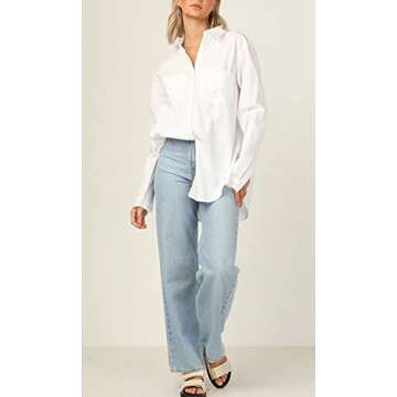 SAFRISIOR Women’s Striped Button Down Shirt Oversized Long Sleeve V Neck Collar Roll Up Blouse Top with Pockets White