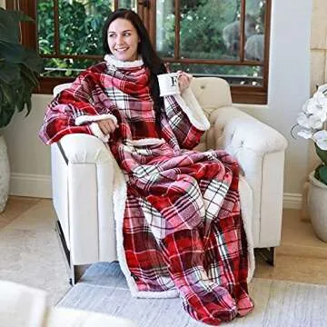 Catalonia Sherpa Wearable Blanket with Sleeves & Foot Pockets for Adult Women Men, Comfy Snuggle Wrap Sleeved Throw Blanket Robe, Gift Idea, Plaid