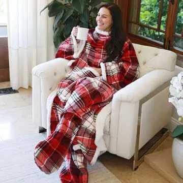 Catalonia Sherpa Wearable Blanket with Sleeves & Foot Pockets for Adult Women Men, Comfy Snuggle Wrap Sleeved Throw Blanket Robe, Gift Idea, Plaid