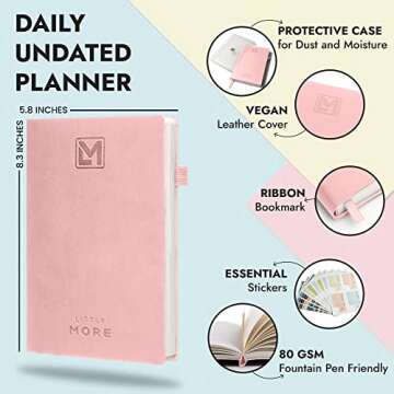 Little More Undated Daily Planner - Helps you Set Goals, Increase Productivity & Manage Time - Includes Calendar Stickers - Hourly Undated Planner, Notebook & Agenda - A5 (5.5”x8.5") - Rose Gold