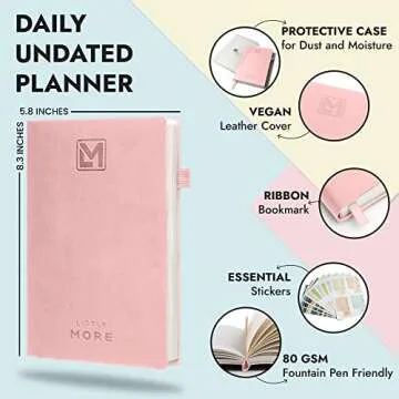 Little More Undated Daily Planner - Helps you Set Goals, Increase Productivity & Manage Time - Includes Calendar Stickers - Hourly Undated Planner, Notebook & Agenda - A5 (5.5”x8.5") - Rose Gold