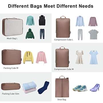 Bagail Ultralight 3 Compression Packing Cubes 3 Packing Organizers With 1 Shoe Bag-Brown,7 Set