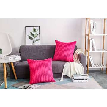 TangDepot, Set of 2 Soft Plush Velvet Big Striped Corduroy Solid Decorative Throw Pillow Covers, Square Pillow Covers - (12"x12" 2 Pieces, A75 Hot Pink)