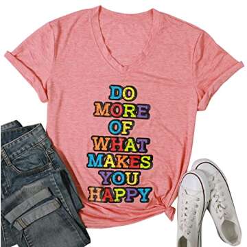 Women's Fun Happy Graphic Tees Inspirational T-Shirt Teacher Shirts Cute Positive Message Letter Printed Tshirts Top