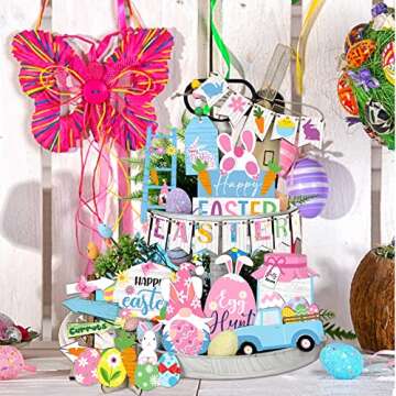 23 Pieces Easter Tiered Tray Decor Easter Decor Farmhouse Rustic Wooden Sign Bunny Truck Carrot Spri...