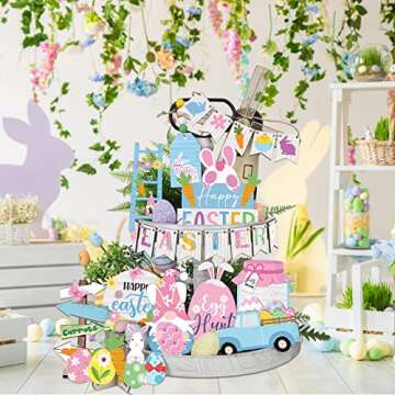 23 Pieces Easter Tiered Tray Decor Easter Decor Farmhouse Rustic Wooden Sign Bunny Truck Carrot Spring Decor Happy Easter Spring Decorations for Home Table Kitchen Decorative Trays(Colorful)